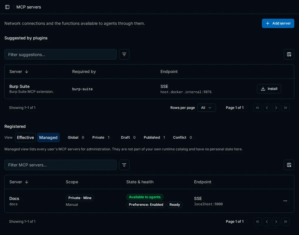 MCP servers suggested by plugins and registered for the agents
