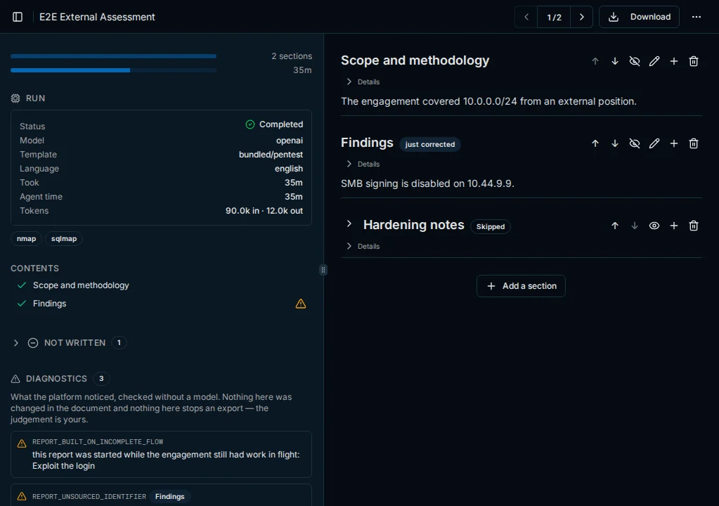 Report editor with sections, flow details and diagnostics