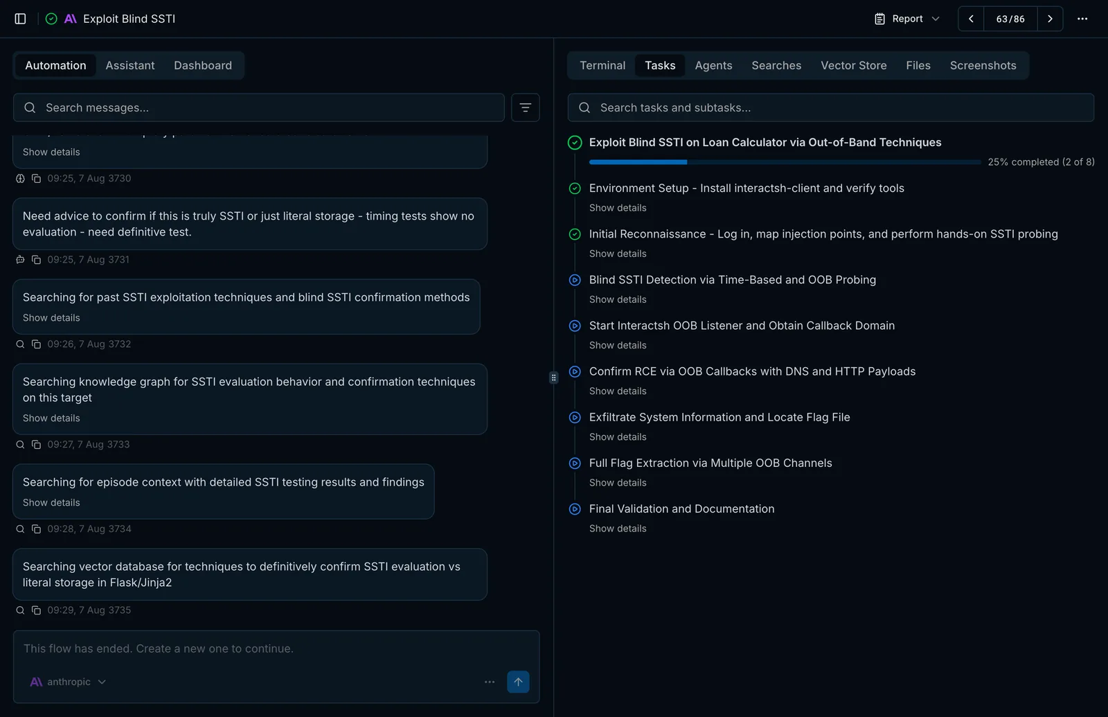 A running flow: agent messages on the left, the plan of tasks and subtasks on the right