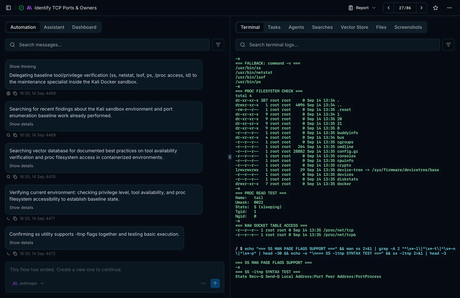 Every command and its output from the sandbox in the Terminal tab