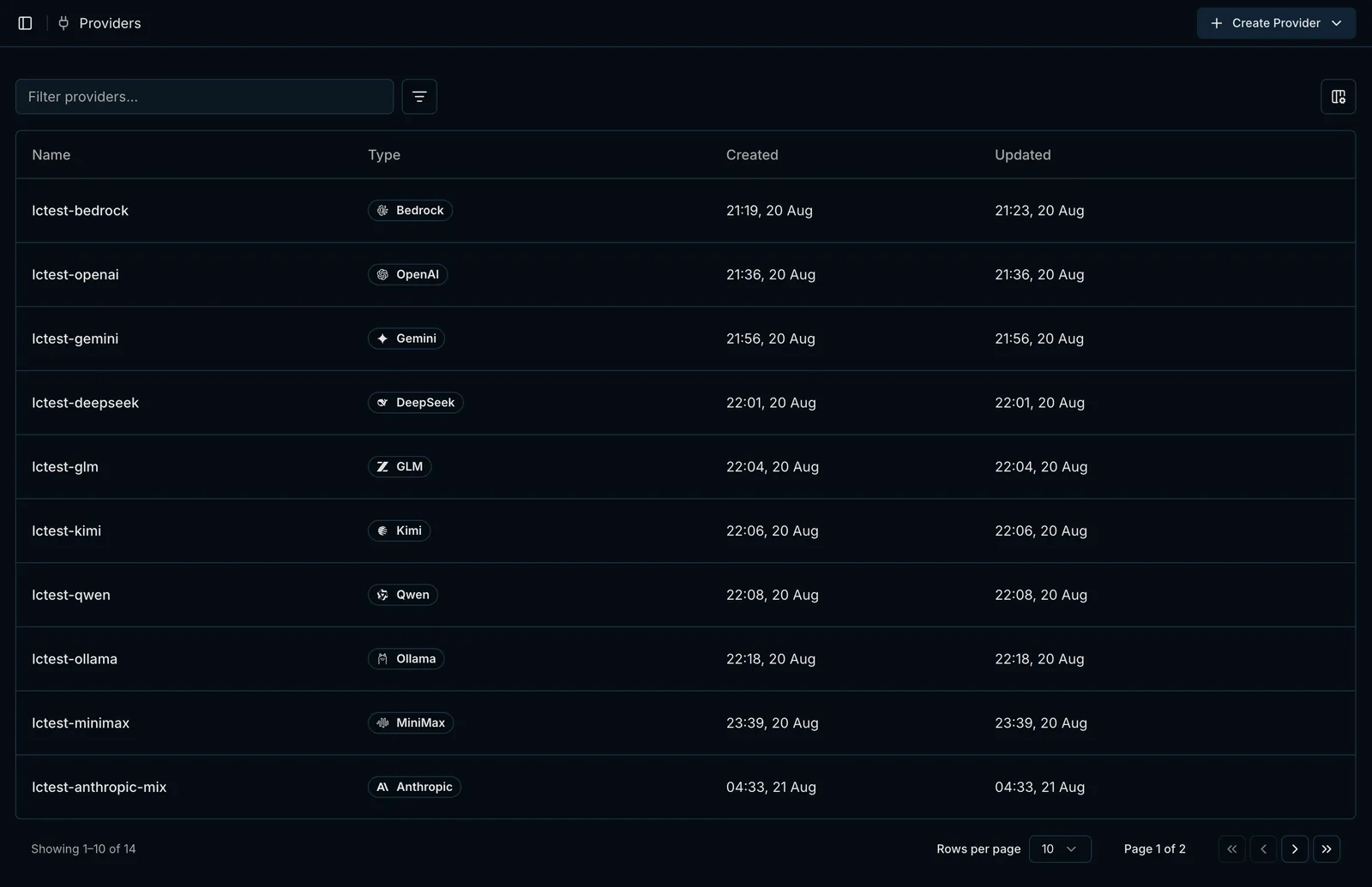 Configured providers in Settings → Providers